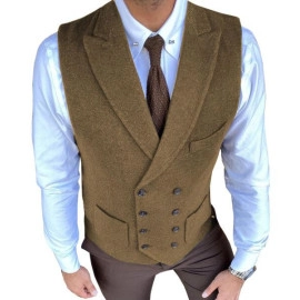 Mens Double-Breasted Vest Vintage Notch Lapel Herringbone Tweed Waistcoat S-3XL+