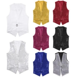 Mens Sequin Vest Shiny Suit Slim Fit V-Neck Party Dress Tuxedo Waistcoat Jackets