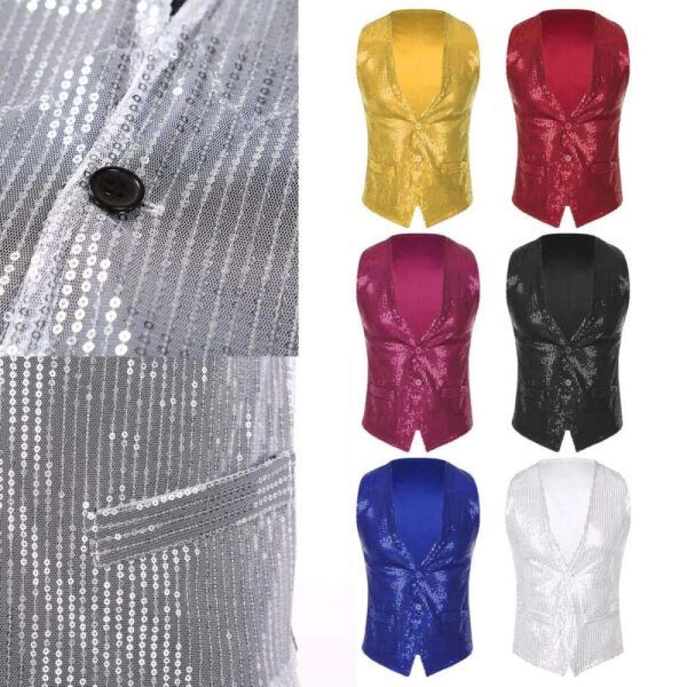 Mens Sequin Vest Shiny Suit Slim Fit V-Neck Party Dress Tuxedo Waistcoat Jackets Mens Sequin Vest Shiny Suit Slim Fit V-Neck Party Dress Tuxedo Waistcoat Jackets