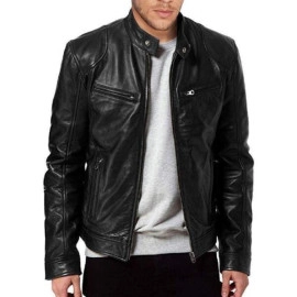 Mens Retro Leather Jacket Motorcycle Stand Collar Biker Coat Zip Up Outwear Tops