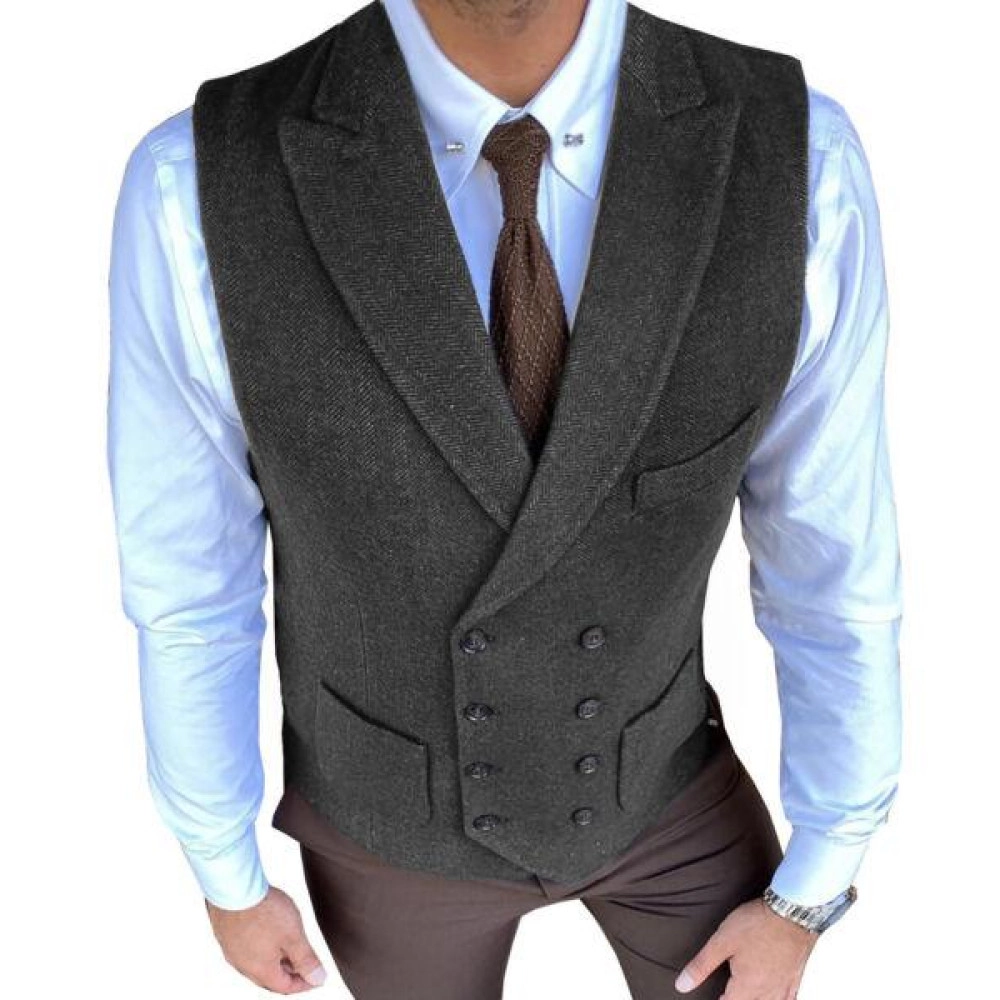 Mens Double-Breasted Vest Vintage Notch Lapel Herringbone Tweed Waistcoat S-3XL+ Mens Double-Breasted Vest Vintage Notch Lapel Herringbone Tweed Waistcoat S-3XL+