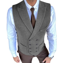 Mens Double-Breasted Vest Vintage Notch Lapel Herringbone Tweed Waistcoat S-3XL+
