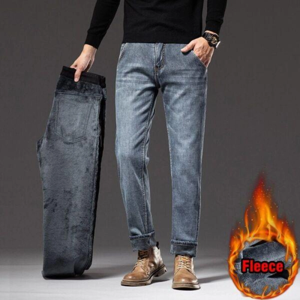 Winter New Men's Brushed Warm Jeans Slim Fit Thickened Elastic Denim Pants Winter New Men's Brushed Warm Jeans Slim Fit Thickened Elastic Denim Pants