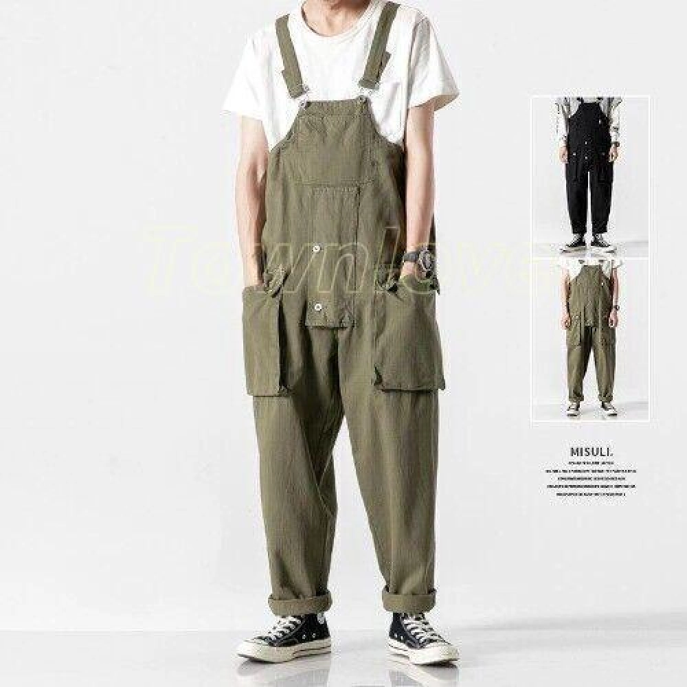 Men`s Denim Bib Overalls Loose Fit Baggy Street Hip Hop Japanese Suspender Pants Men`s Denim Bib Overalls Loose Fit Baggy Street Hip Hop Japanese Suspender Pants