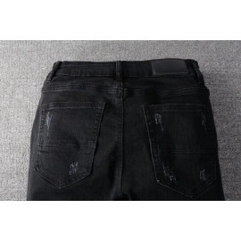 Men's Knee Hole Patch Elastic Cloth Slim Jeans Retro Classic Black Biker Pants
