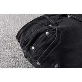 Men's Knee Hole Patch Elastic Cloth Slim Jeans Retro Classic Black Biker Pants