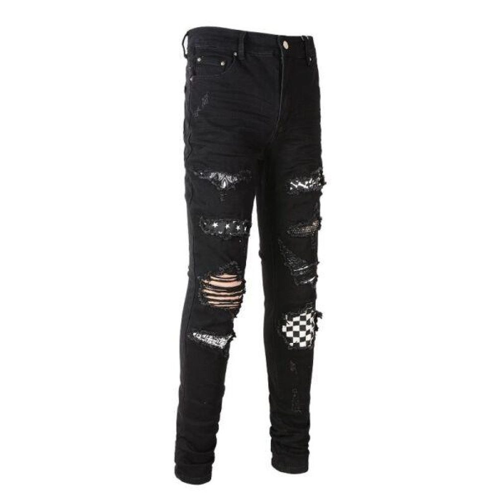 Men Ripped Shepherd Check Patch Slim Jeans Retro High Street Classic Black Pants Men Ripped Shepherd Check Patch Slim Jeans Retro High Street Classic Black Pants
