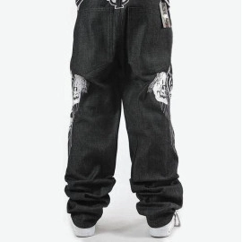 New Mens Hip Hop Jeans Denim Embroidery Skull Skeleton Baggy Trousers Streetwear