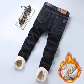Men's Warm Jeans Business Fashion Classic Denim Straight Fleece Thick Pants