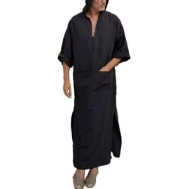 Taoliyuan Mens Kaftan Hooded Robe Linen Thobe V Neck Long Gown Casual Shirt with