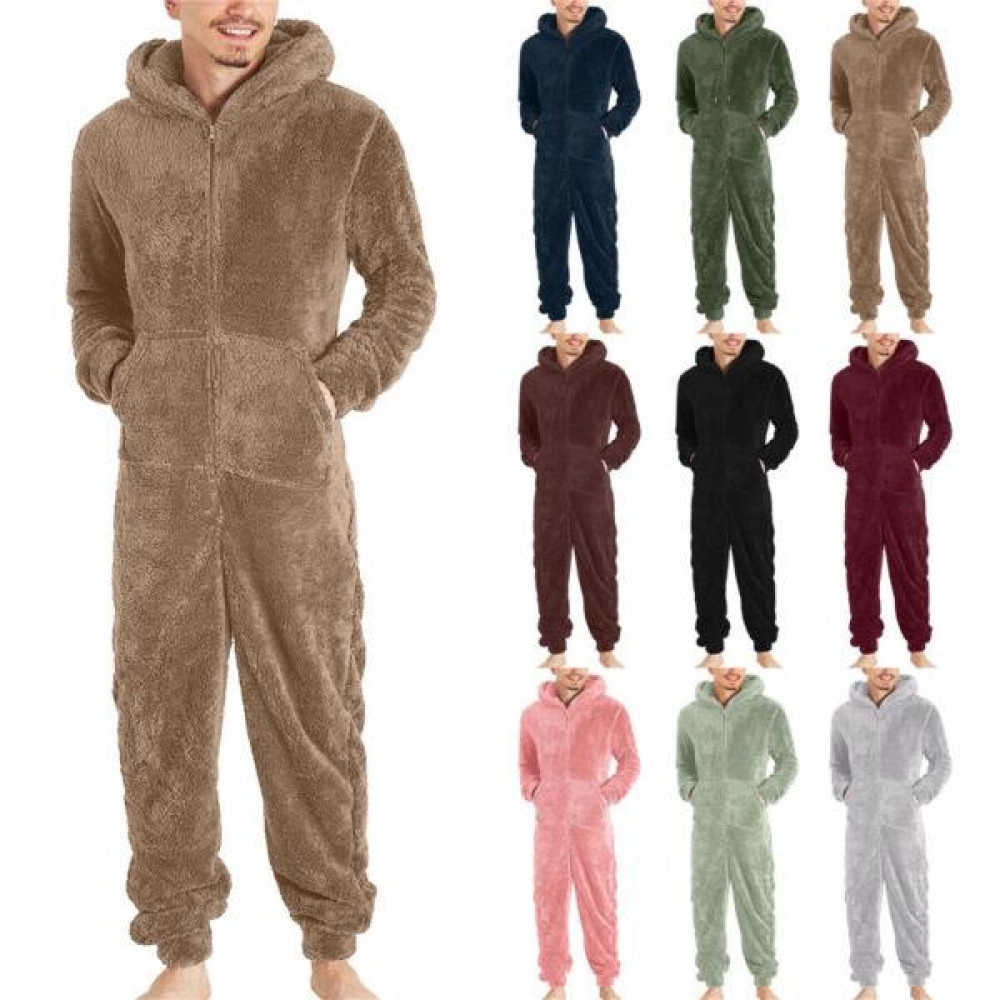 Men's One-piece Pajama Coral Fleece Jumpsuit Sleepwear Hooded Zipper Pocket Men's One-piece Pajama Coral Fleece Jumpsuit Sleepwear Hooded Zipper Pocket