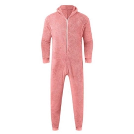 Men's Warm Furry Plush Long Sleeve Pajamas Casual Solid Zip Up Loose Jumpsuit