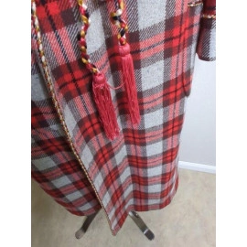 Vintage Gray Red Plaid Wool Robe Cording Tie Tassel Western Men Women Black