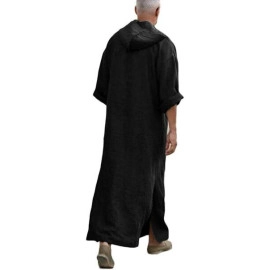 Taoliyuan Mens Kaftan Hooded Robe Linen Thobe V Neck Long Gown Casual Shirt with