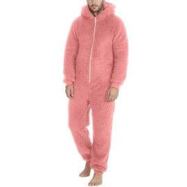 Men's Warm Furry Plush Long Sleeve Pajamas Casual Solid Zip Up Loose Jumpsuit