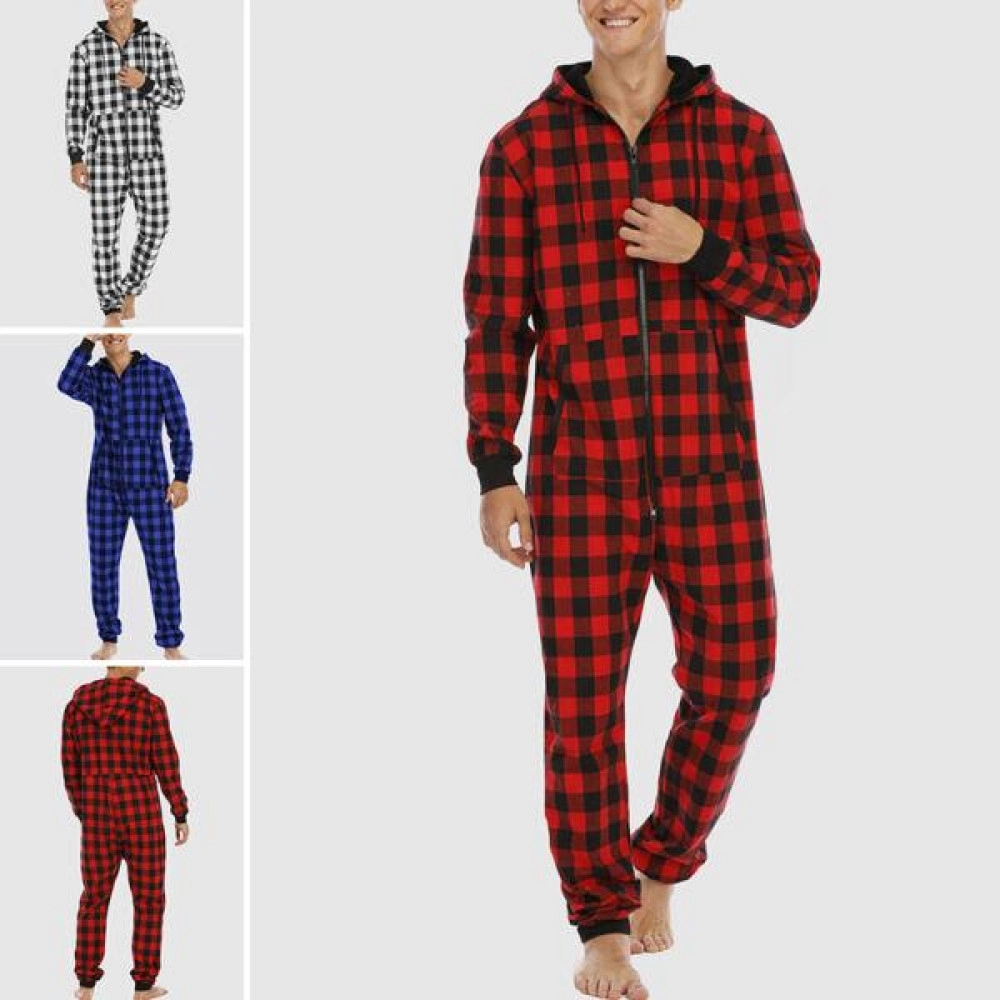 Mens Flannel One Piece Pajamas Set Men House Comfortable Plaid Print Sleepwear Mens Flannel One Piece Pajamas Set Men House Comfortable Plaid Print Sleepwear