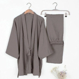 Men Traditional Japanese Pajamas Set Cotton Robe Pants Nightgown Japan Style