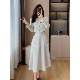 Single Breasted Short Coat + High Waist Mid Length Skirt Ladies Suit 2 Piece Set
