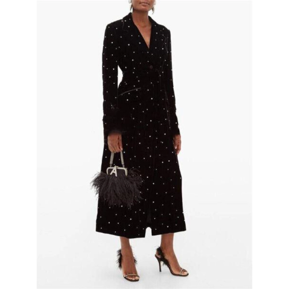 Black Velvet Women Dress Long Jacket with Belt Rhinestone Formal Party Lady Wear Black Velvet Women Dress Long Jacket with Belt Rhinestone Formal Party Lady Wear