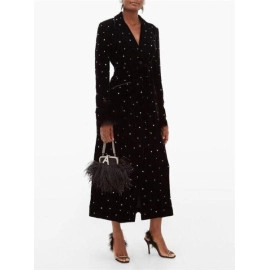Black Velvet Women Dress Long Jacket with Belt Rhinestone Formal Party Lady Wear
