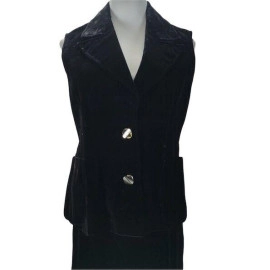 Vintage 70s Midi Skirt Suit Size M Black Velvet Two Lucite Button Vest 