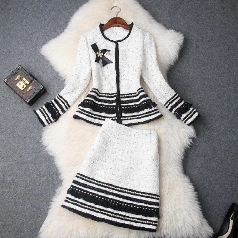 New Women White/black Suits 2/pcs Coat+Skirt Suits Winter Luxury 2Pc Sets New Women White/black Suits 2/pcs Coat+Skirt Suits Winter Luxury 2Pc Sets