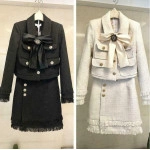 2PC Suit Women's Dress Bowknot Tweed Wool Jacket Slim Fit  A Line Skirt Fashion