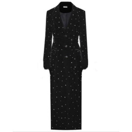 Black Velvet Women Dress Long Jacket with Belt Rhinestone Formal Party Lady Wear