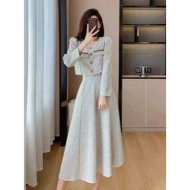 Single Breasted Short Coat + High Waist Mid Length Skirt Ladies Suit 2 Piece Set