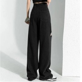 Womens Ripped Jeans Denim Trousers Long Pants Cut Knee Straight Wide Leg Casual