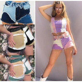 New Women Stylish Color Patchwork Ripped Skinny Club Party Jeans Denim Pants