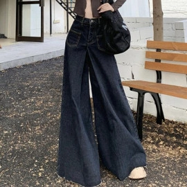 Women Denim Jean Flared Bell-Bottom Pants High Waist Trousers Loose Wide Legs