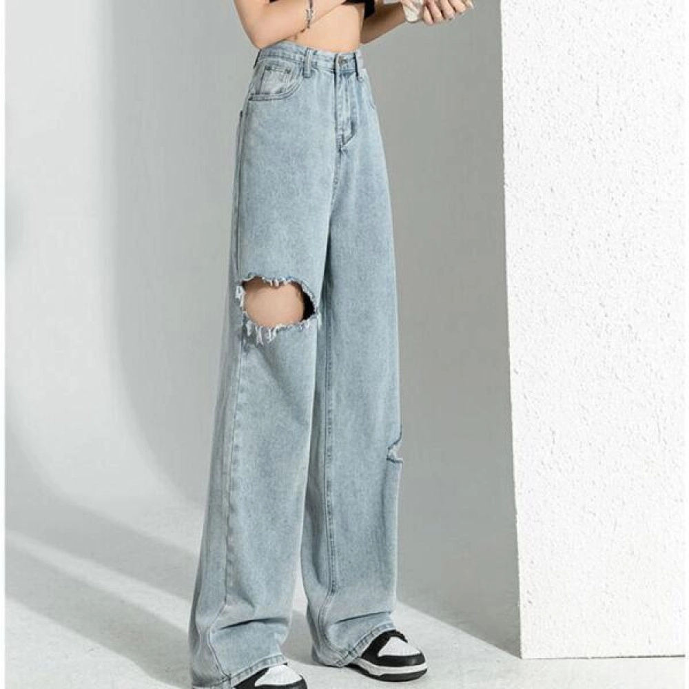 Womens Ripped Jeans Denim Trousers Long Pants Cut Knee Straight Wide Leg Casual Womens Ripped Jeans Denim Trousers Long Pants Cut Knee Straight Wide Leg Casual