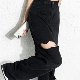 Womens Ripped Jeans Denim Trousers Long Pants Cut Knee Straight Wide Leg Casual